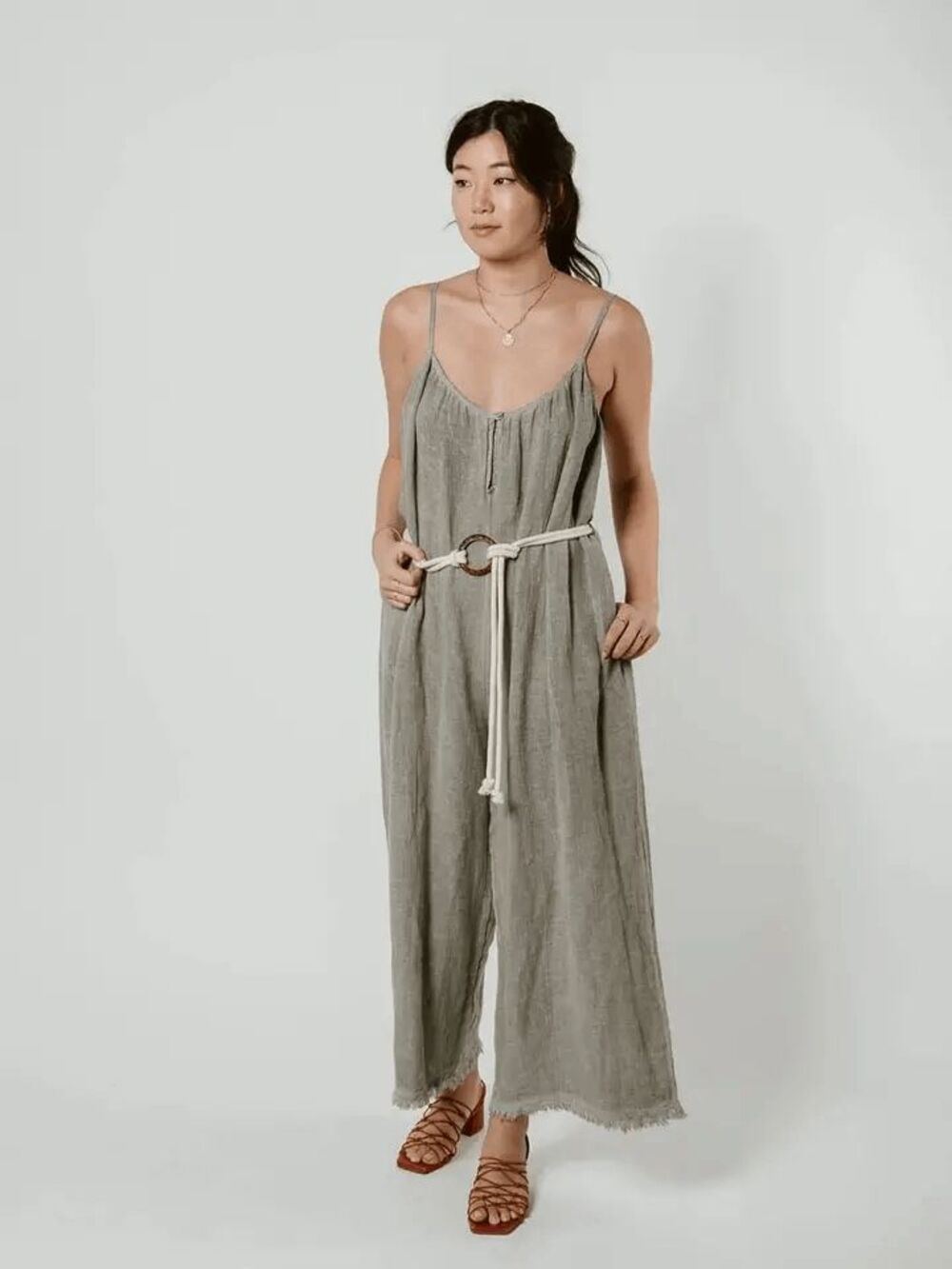Marche Sage Green Sleeveless Belted Tatiana Linen Jumpsuit Women's One Size
